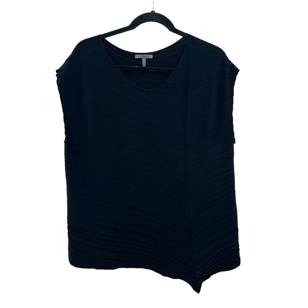 OSKA Womens Black Ribbed Asymmetrical Lagenlook Boxy Round Neck Shirt Size 6 - 8